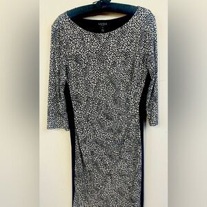 Lauren Ralph Lauren Black White Long Sleeve Side Ruched Dress Womens 14